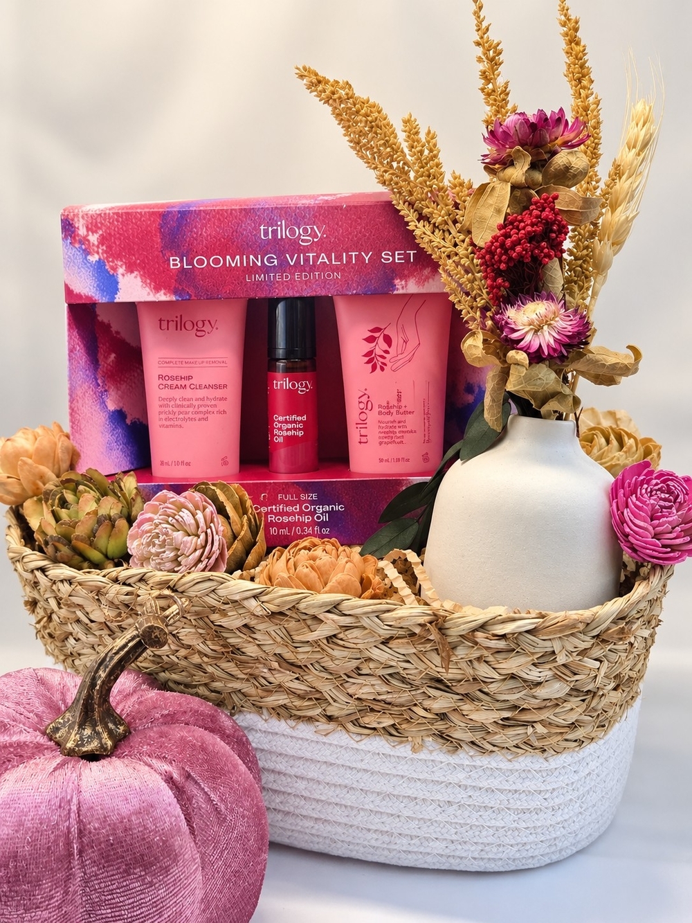Trilogy Blooming Vitality Elevated Boo Basket Skincare + Dried Flower Vase